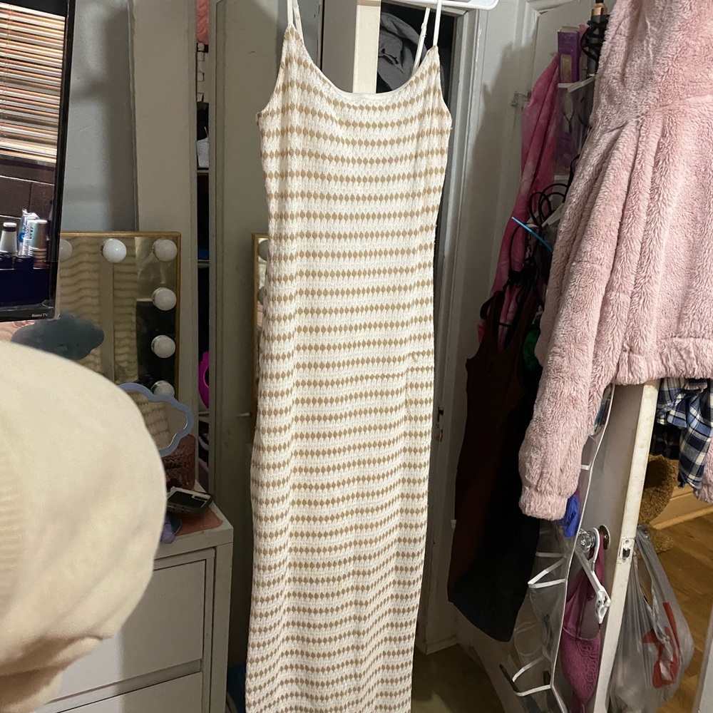 Elegant Cream and Brown Striped Dress